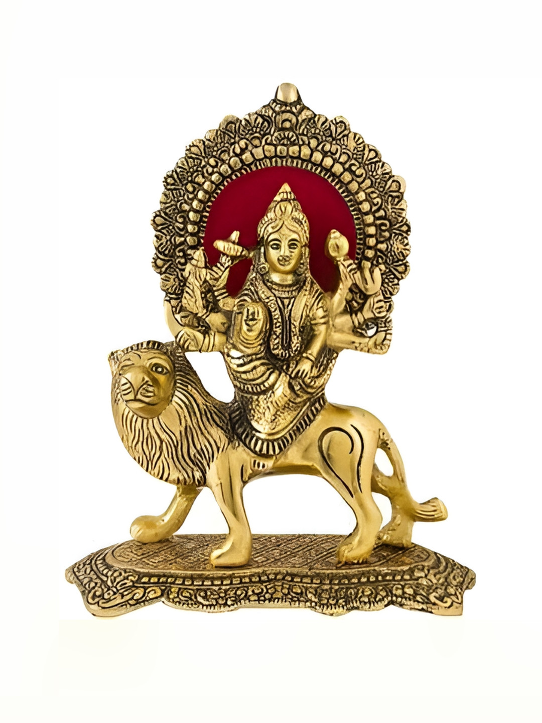 Navyaksh Durga Maa Sitting On Lion Gold Metal Metallic Prayer Room Small Showpiece - 8.3 Inches