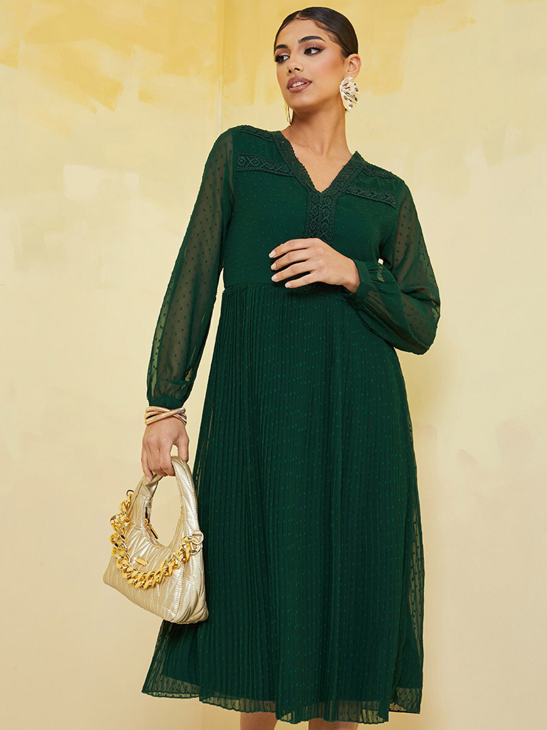 Styli Pleated V-Neck Puff Sleeves A-Line Dobby Midi Dress With Lace Detail