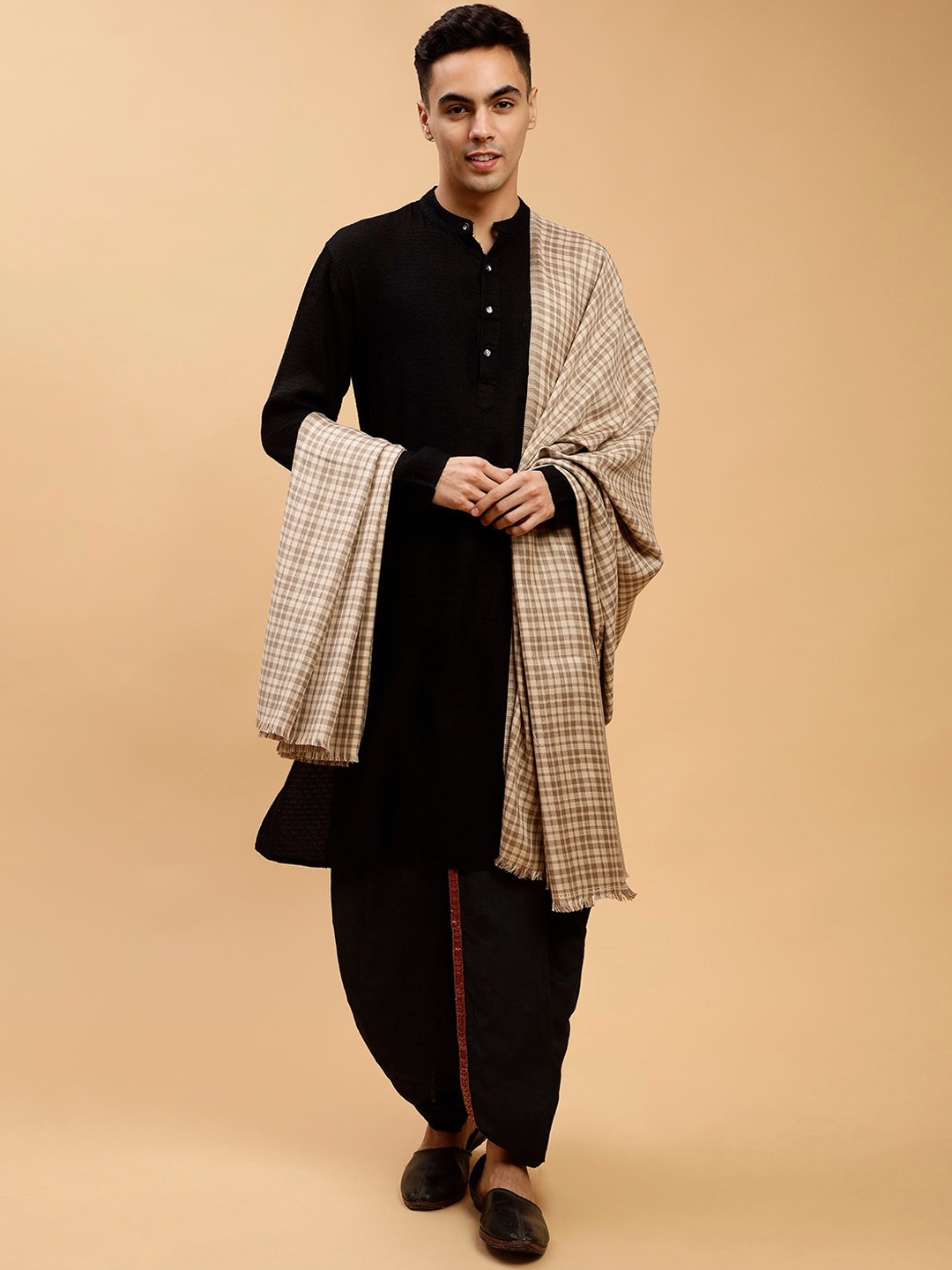 Tweedle Checked Woven-Design Woollen Shawl