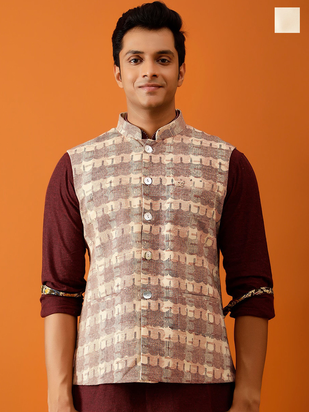 Streaks & Crosses Self-Designed Pure Cotton Reversible Nehru Jacket