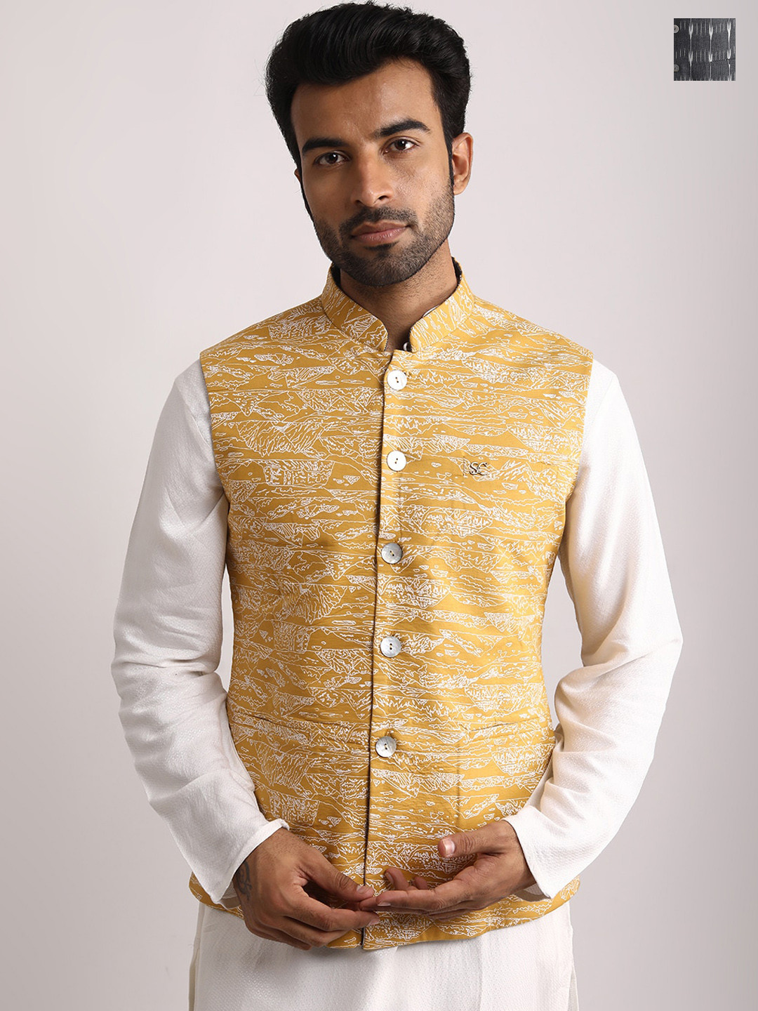 Streaks & Crosses Printed Pure Cotton Reversible Nehru Jacket