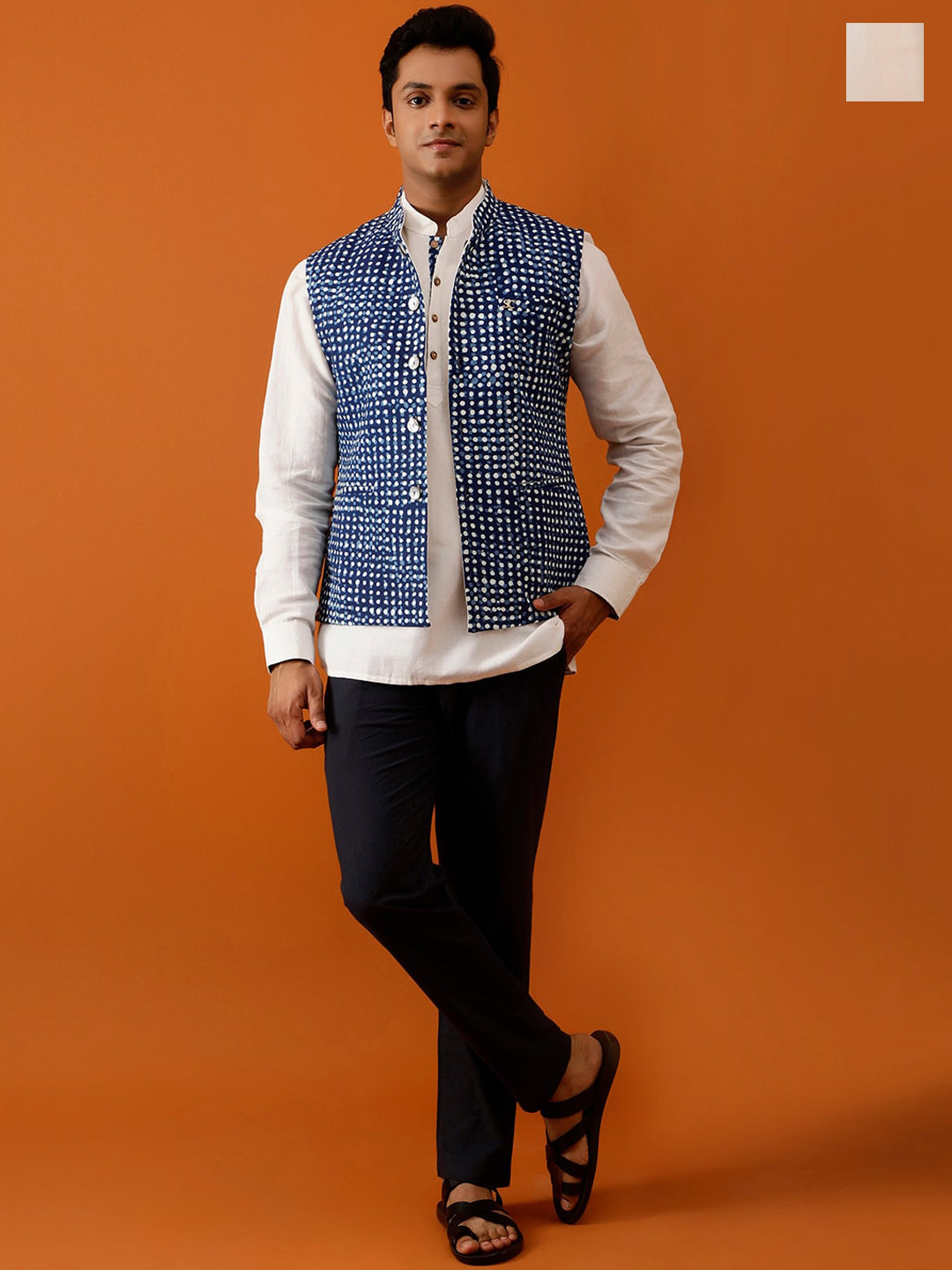 Streaks & Crosses Printed Pure Cotton Reversible Nehru Jacket