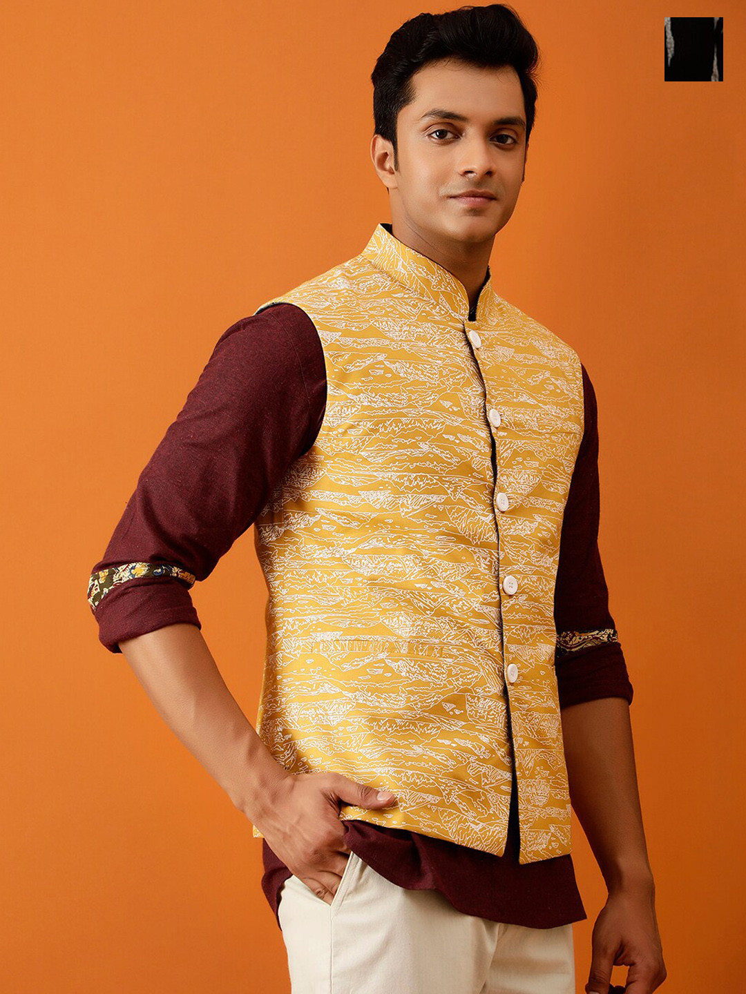 Streaks & Crosses Woven Design Reversible Pure Cotton Nehru Jacket