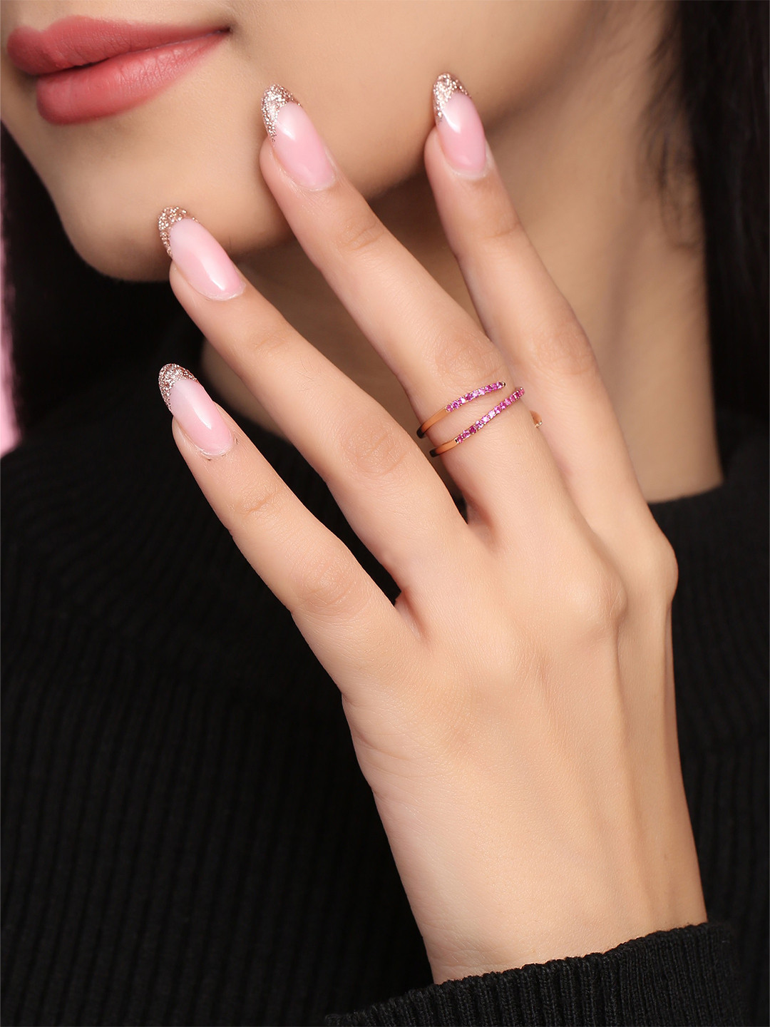 Kicky And Perky Rose Gold-Plated Ruby Stone Studded 2 Shaped Ring