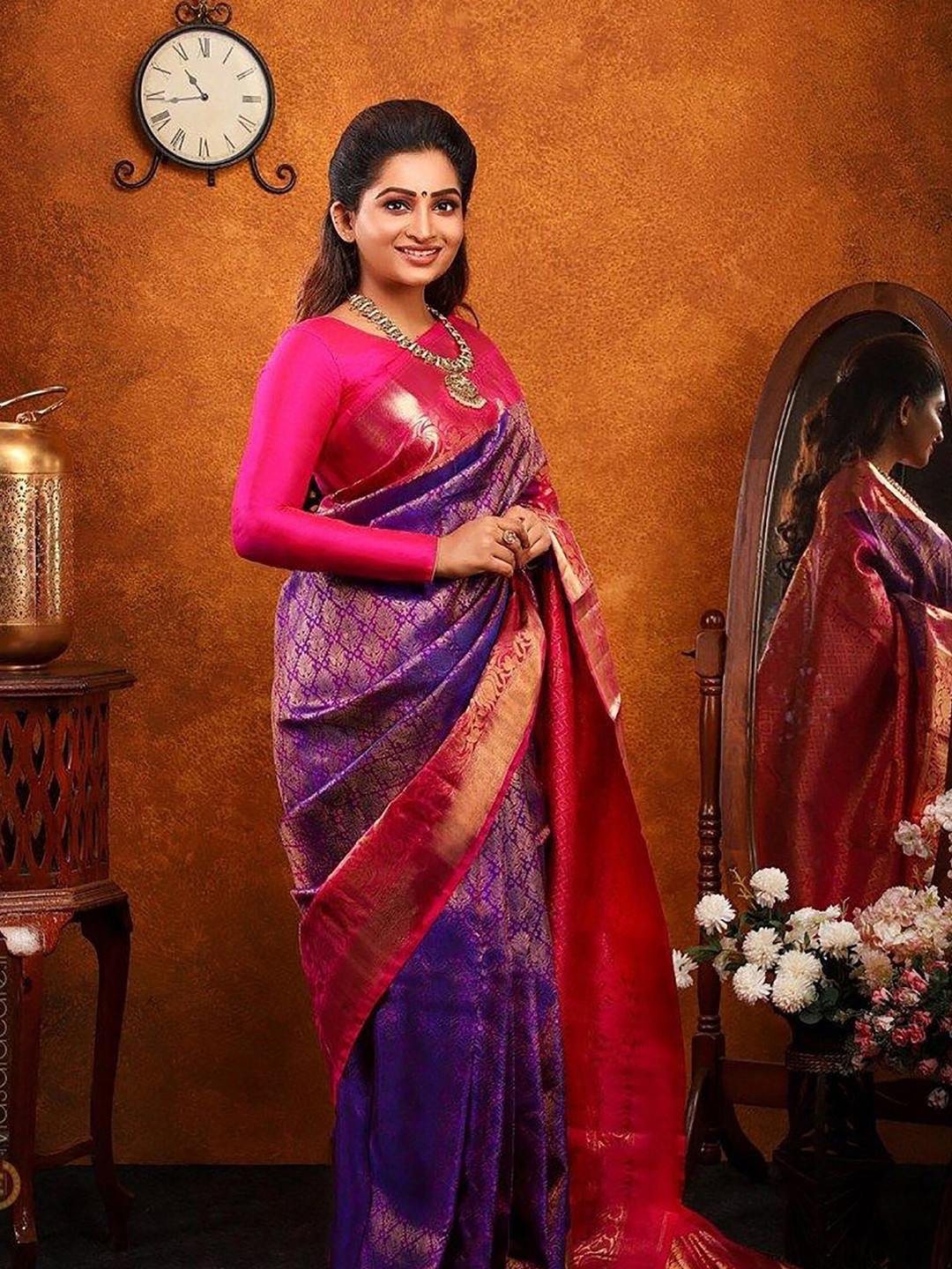 KALINI Purple and GoldToned Cotton Silk Designer Banarasi Saree