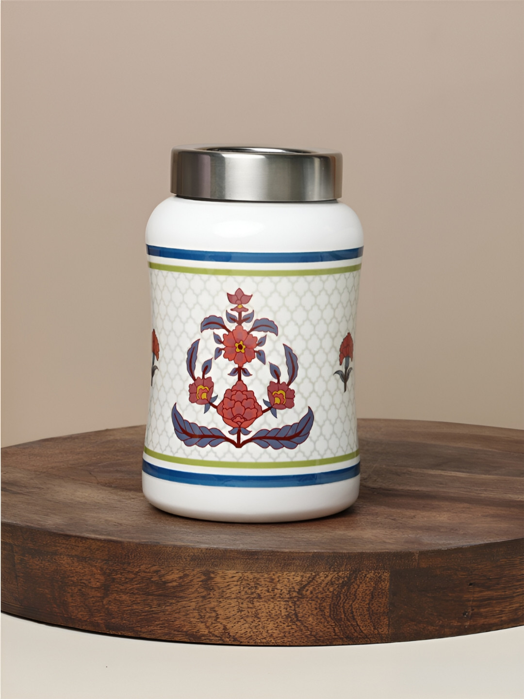 Dudki Carnation White Floral Stainless Steel Air Tight Screw Top Canister