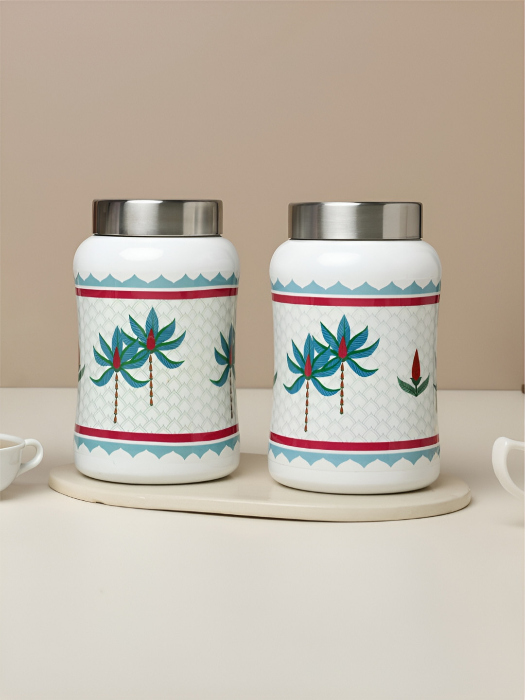 Dudki Tropical Tree White Floral Stainless Steel Dishwasher Safe 2 Piece Screw Top Canister