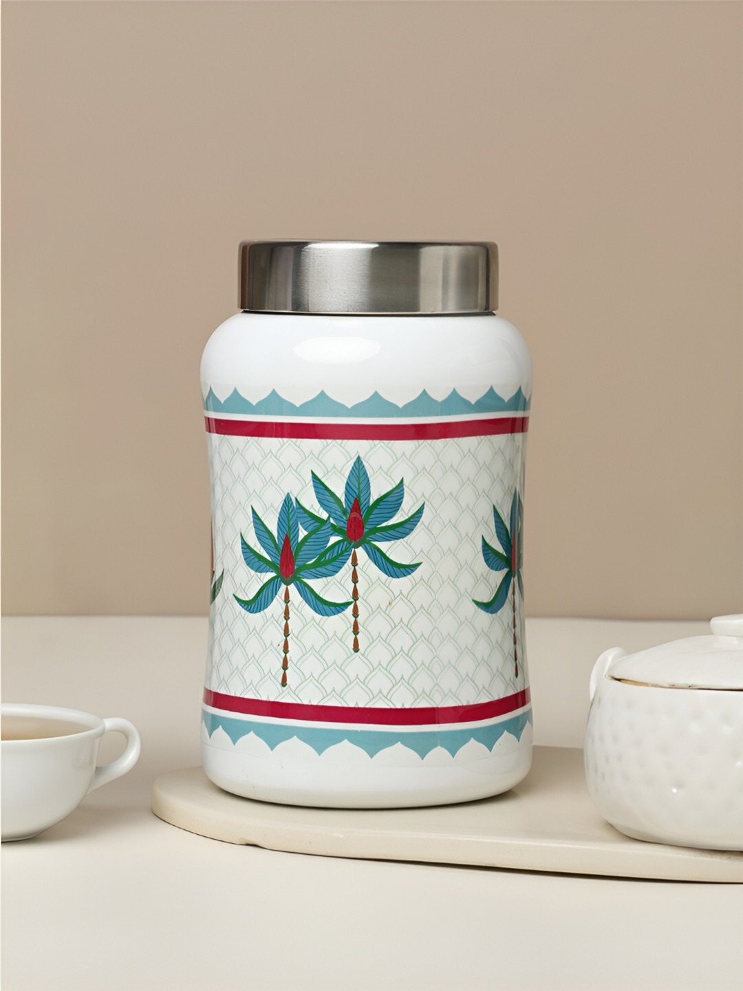 Dudki Tropical Tree White Floral Stainless Steel Dishwasher Safe Screw Top Canister