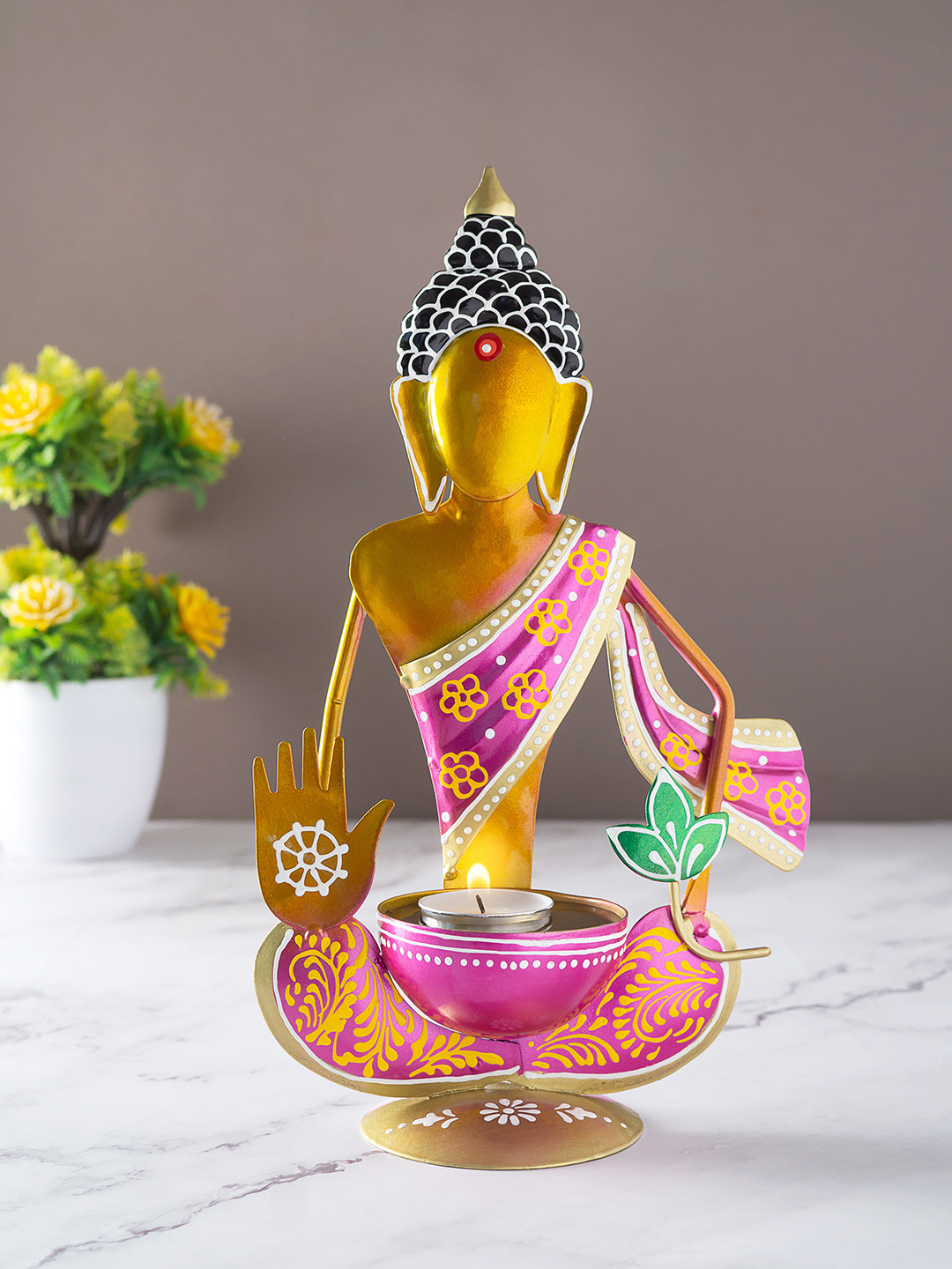 Golden Peacock Pink & Gold Toned Printed Buddha Shaped Candle Holder