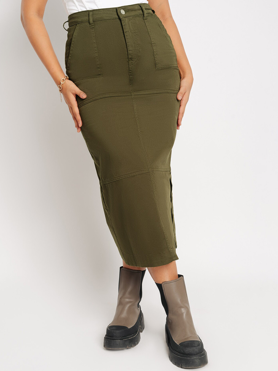 FREAKINS Olive Green Pure Cotton Pencil Midi Skirts
