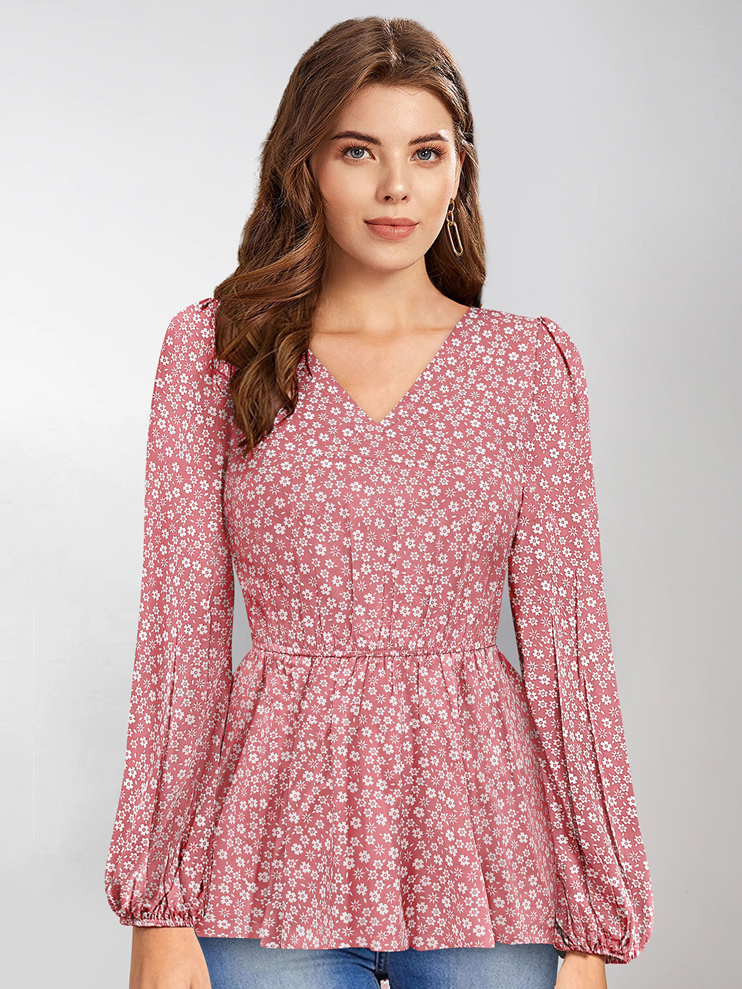 KERI PERRY Floral Printed V-Neck Bishop Sleeves Peplum Top