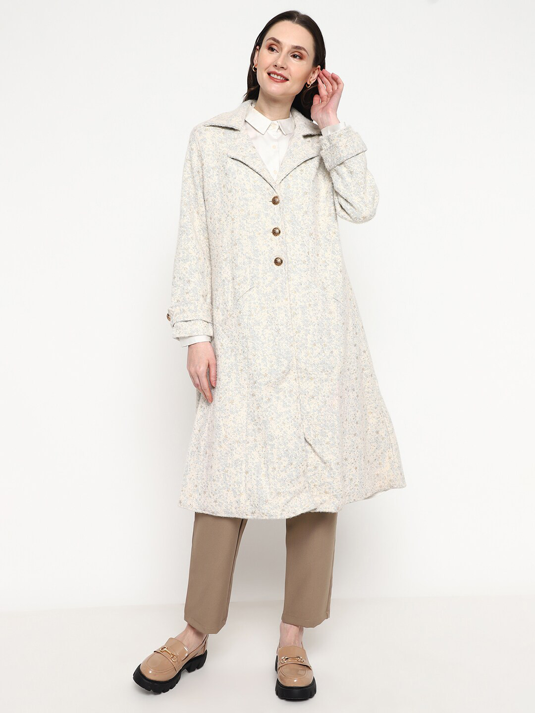 Be Indi Self Design Notched Lapel Collar Acrylic Longline Overcoat