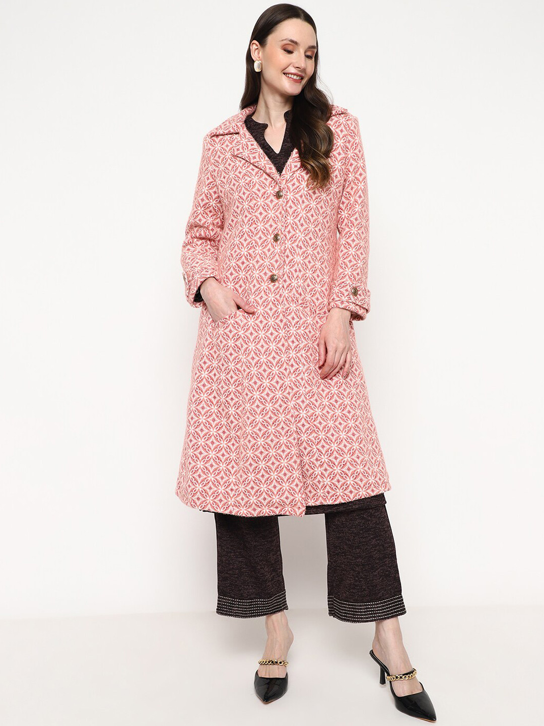 Be Indi Ethnic Motifs Self Design Notched Lapel Collar Acrylic Longline Overcoat