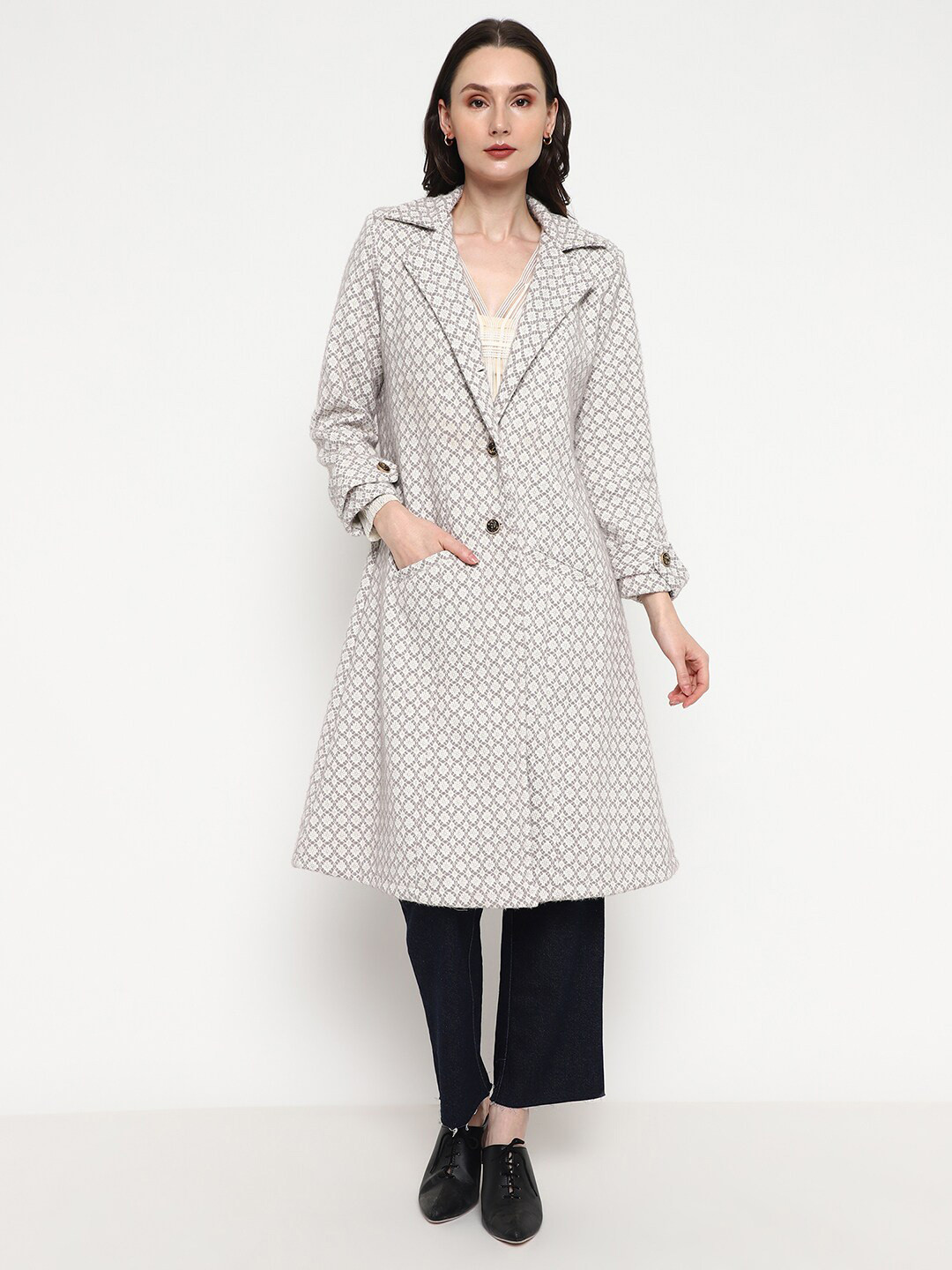 Be Indi Ethnic Motifs Self Design Notched Lapel Collar Acrylic Longline Overcoat