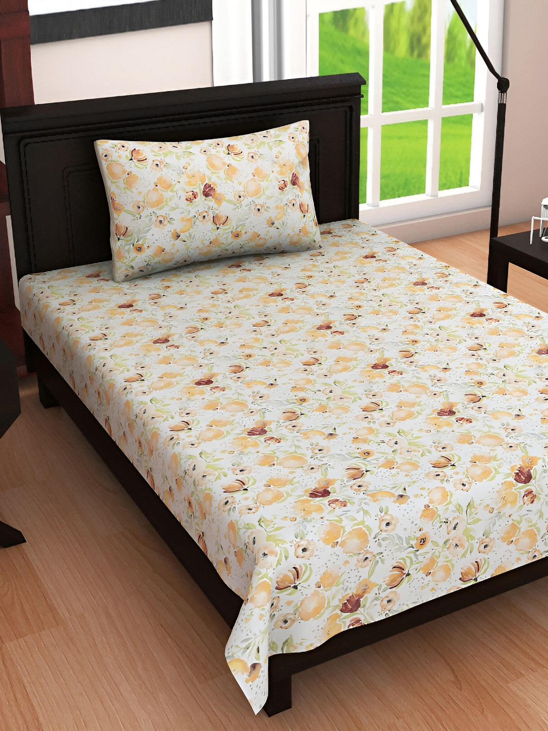 RRC Rimjhim Orange Floral Cotton 180 TC Single Fine Bedsheet with a Pillow Cover-152 x 228 cm