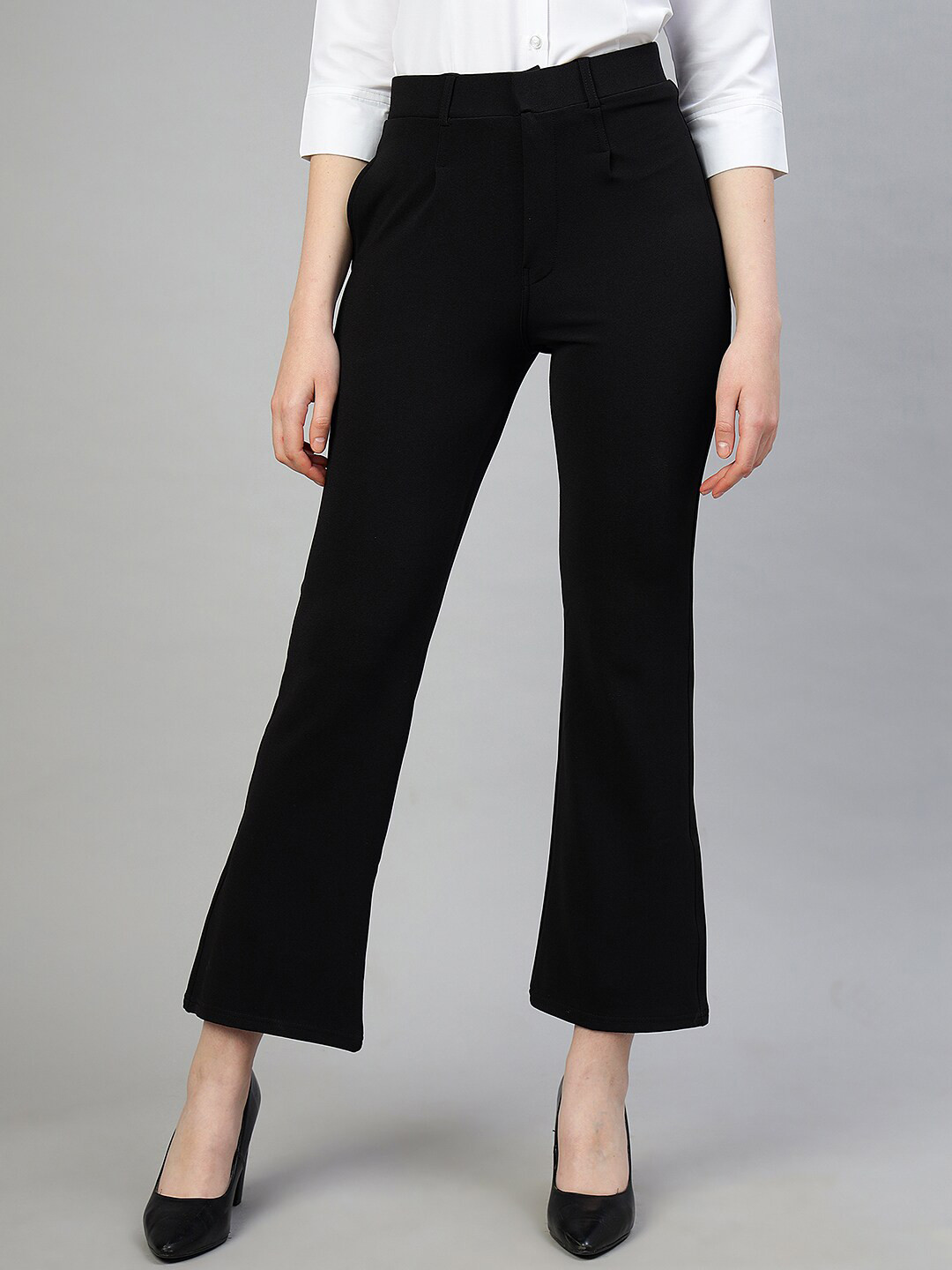 FITHUB Women Black Relaxed Straight Leg Straight Fit High-Rise Cotton Bootcut Trousers