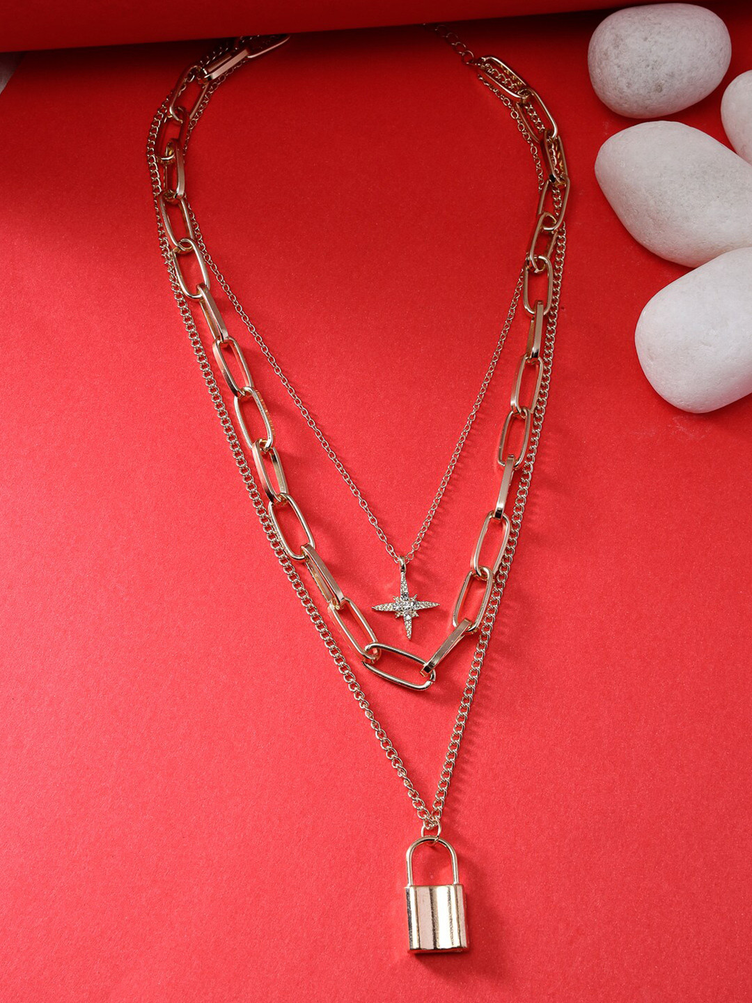 Scintillare By Sukkhi Gold-Plated Layered Lock Pendant Necklace