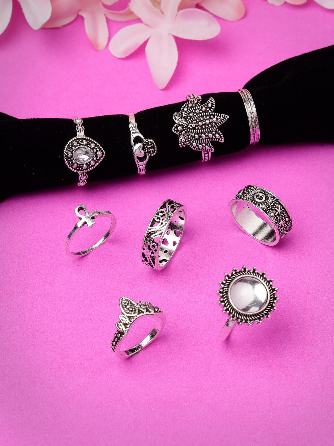 Scintillare By Sukkhi Set Of 9  Rhodium Plated Oxidised Silver Finger Rings