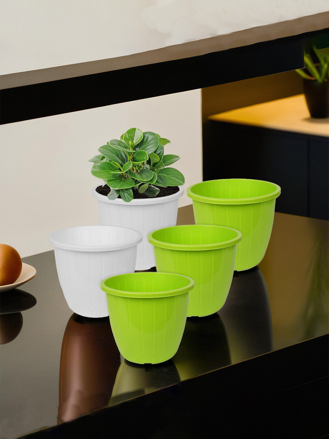 Kuber Industries Set Of 5 Green & White Solid Flower Pot
