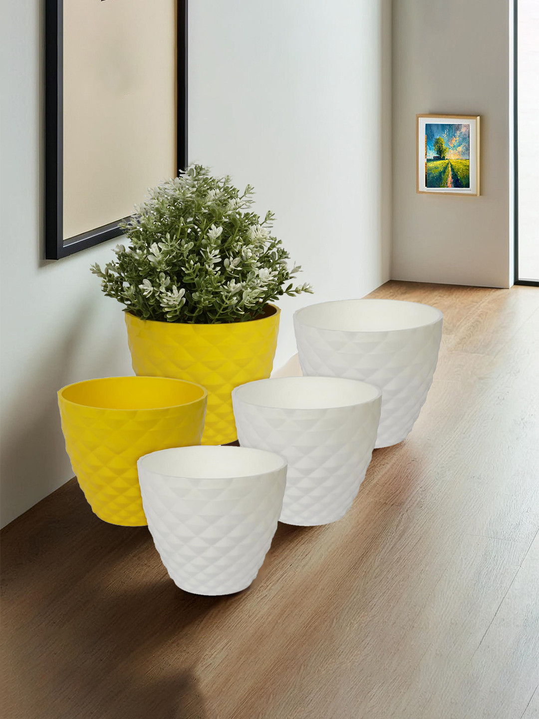 Kuber Industries Set Of 5 Yellow & White Diamond Pattern Flower Pot