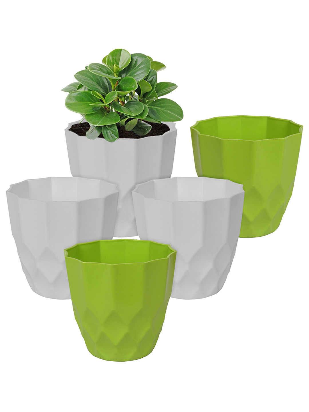 Kuber Industries Set Of 5 White & Green Barfi Pattern Flower Pot