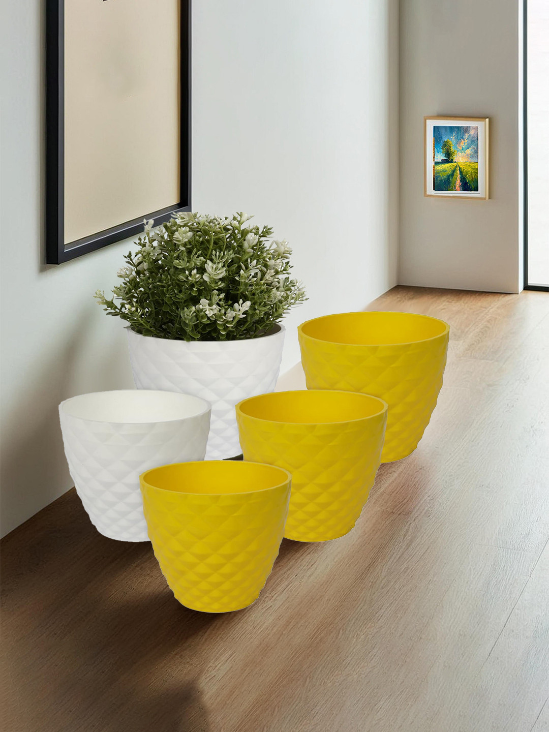 Kuber Industries Set Of 5 Yellow & White Diamond Pattern Flower Pot