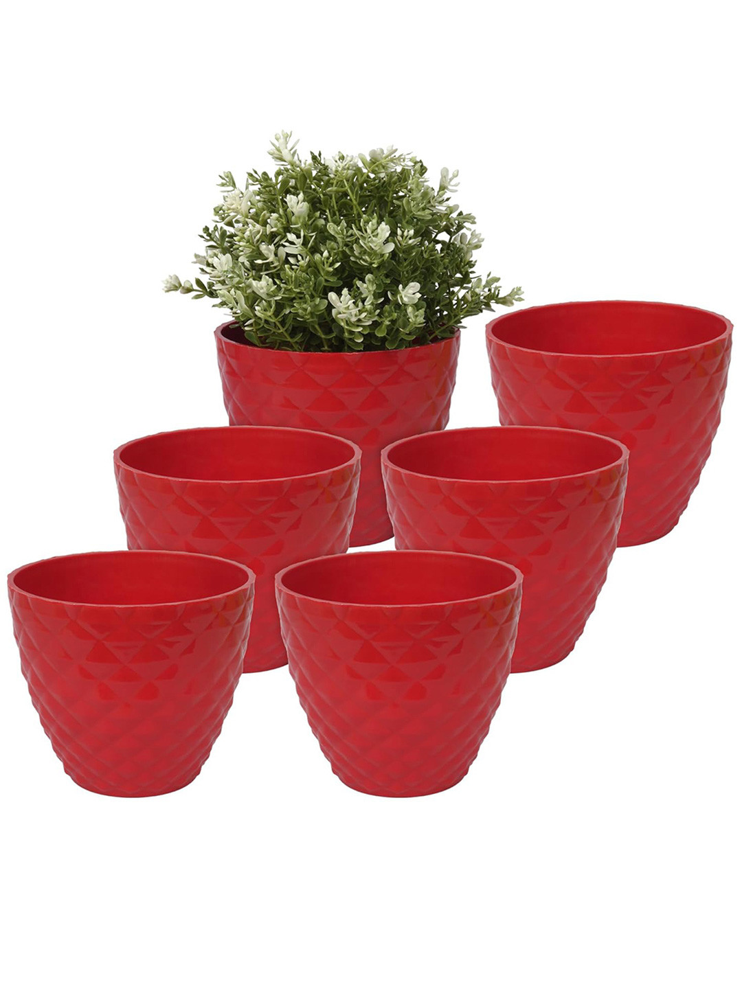 Kuber Industries Red 6 Pcs Diamond Pattern Flower Pot