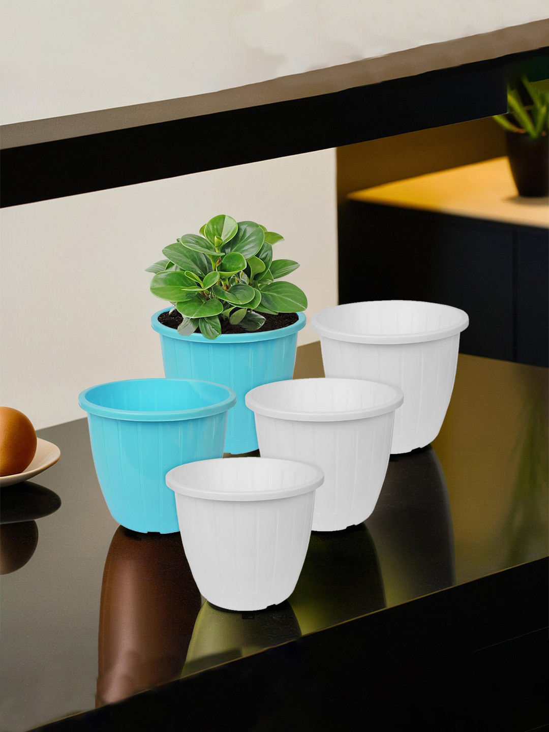Kuber Industries Set Of 5 Blue & White Solid Flower Pot