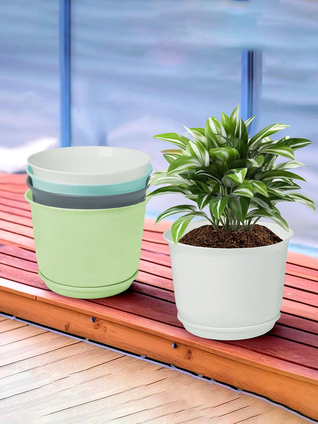 Kuber Industries Set Of 5 White & Yellow Mega Flower Pot