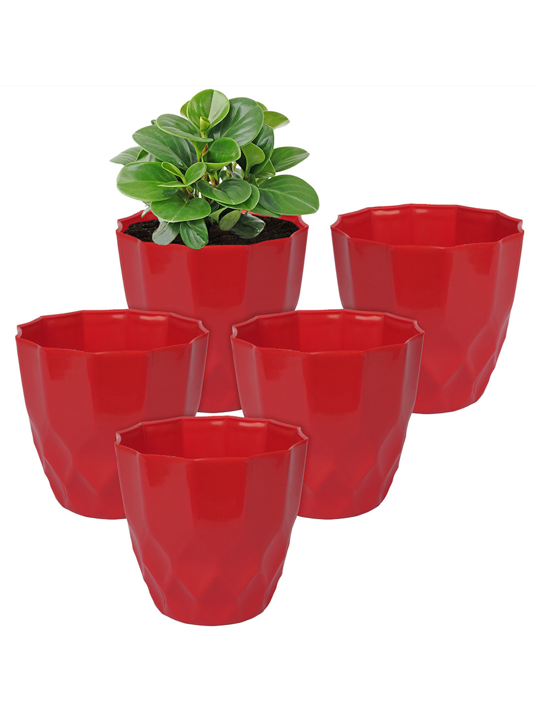 Kuber Industries Red 5 Pcs Barfi Pattern Flower Planters