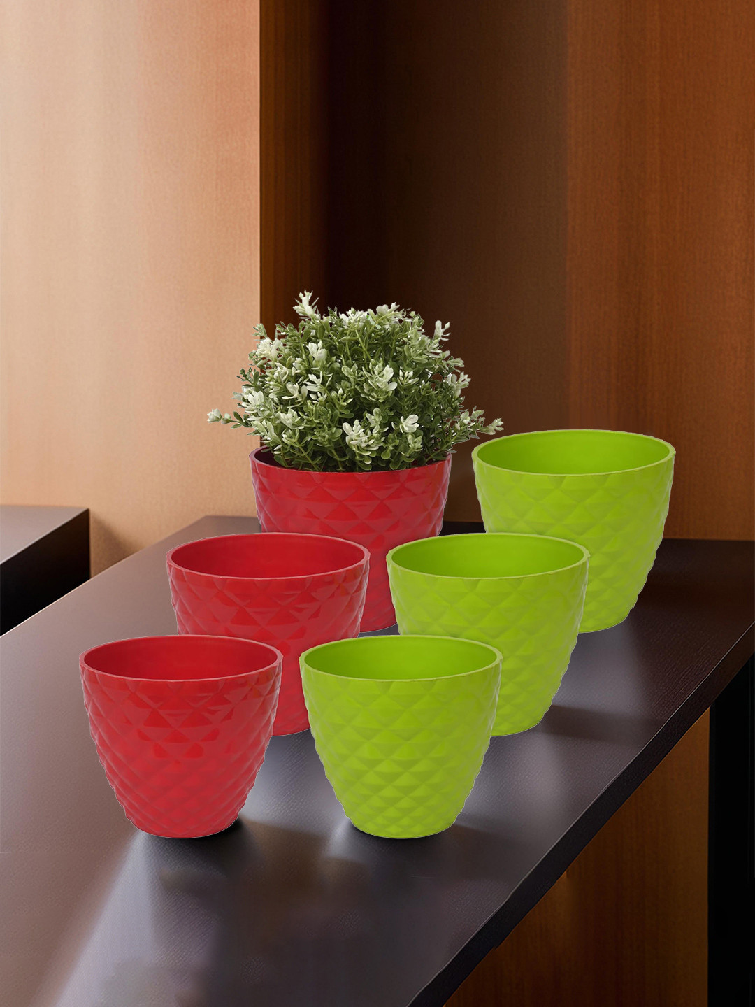 Kuber Industries Set Of 6 Red & Green Diamond Pattern Flower Pot