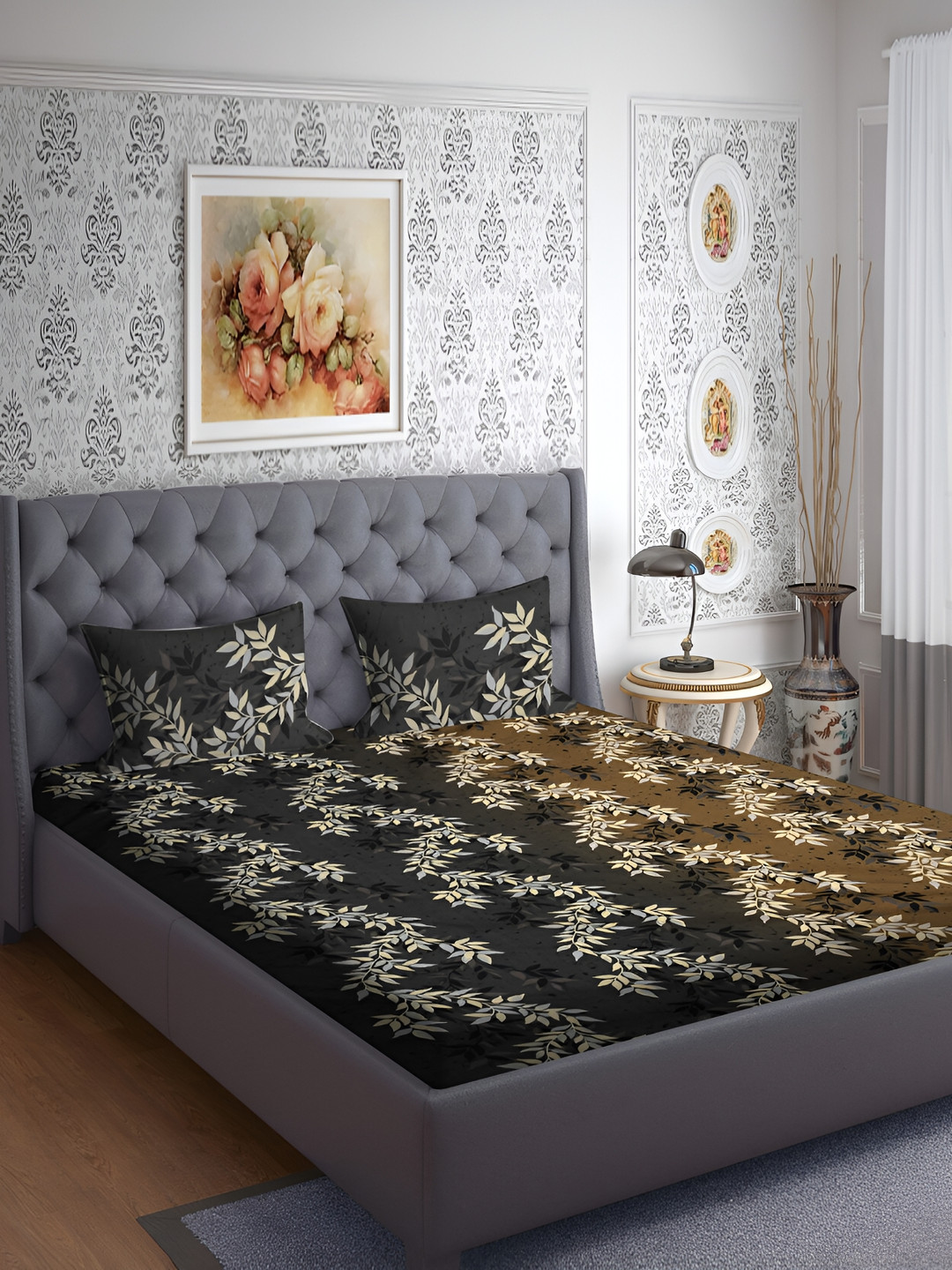 RRC Black Floral Microfiber 144 TC Queen Bedsheet with 2 Pillow Covers-87 x 98 inches