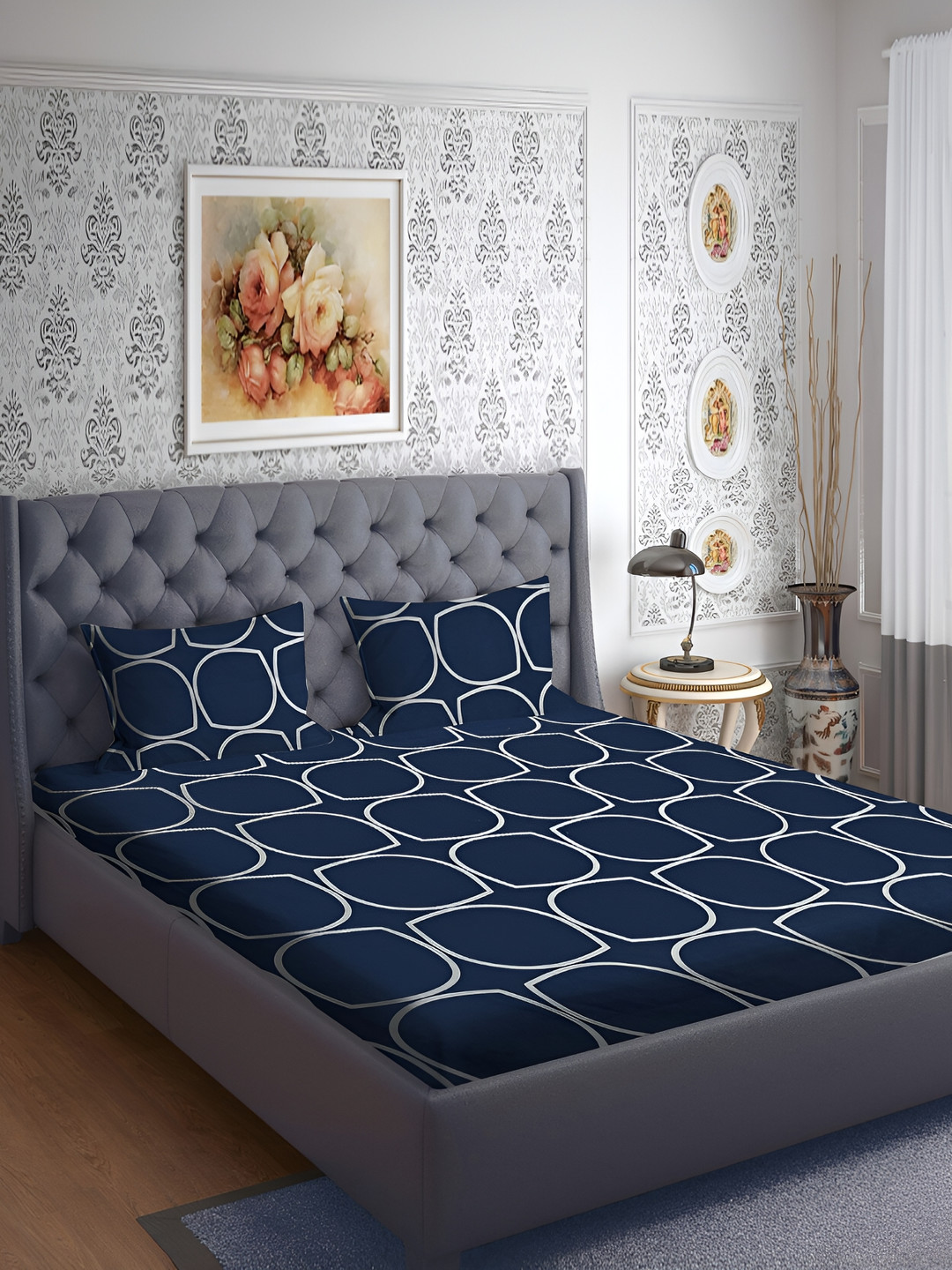 RRC Rrc Pure Cotton Signature Collection Blue Geometric Microfiber 144 TC Queen Fine Bedsheet with 2 Pillow Covers-228 x 254 cm
