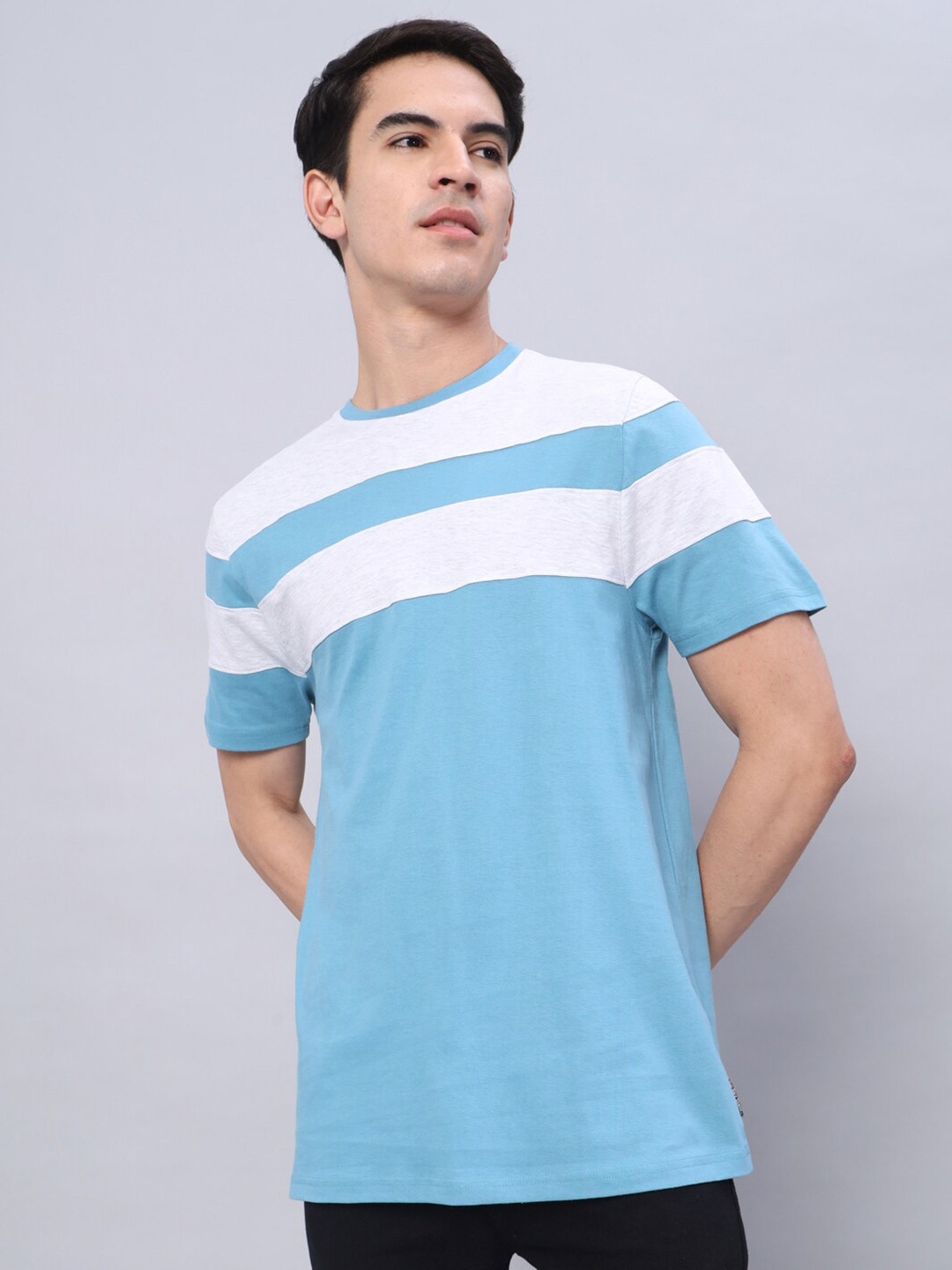 The Dry State Blue & White Colourblocked Cotton T-shirt