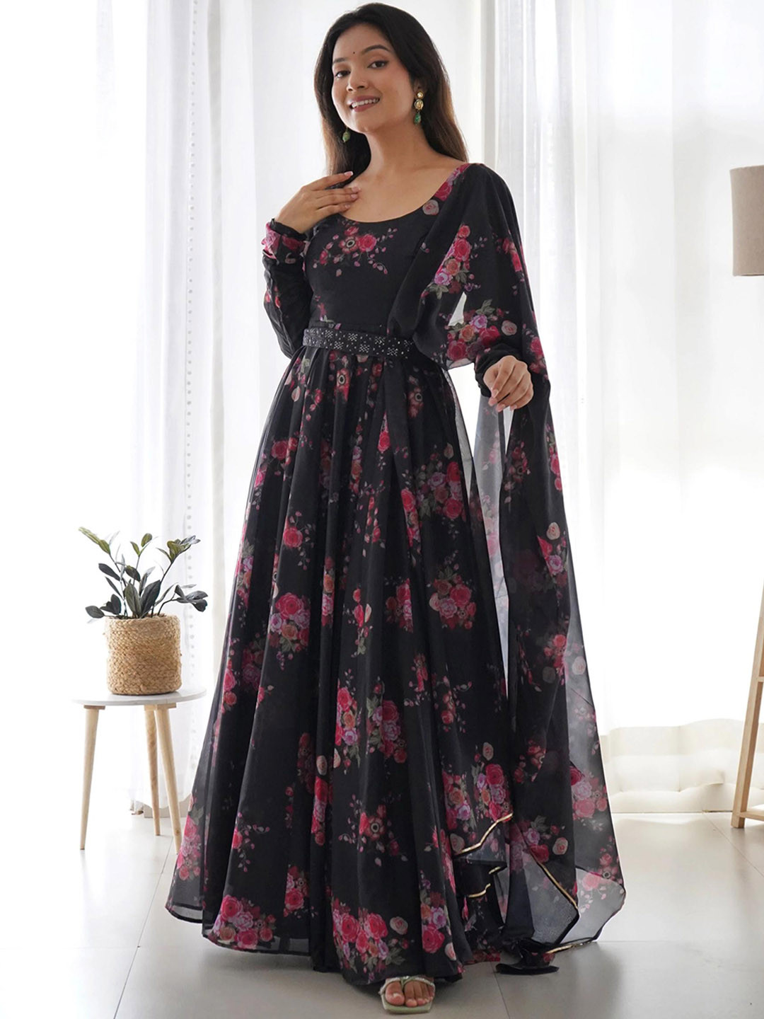 White World Organza Fit-&-Flare Dress With Dupatta