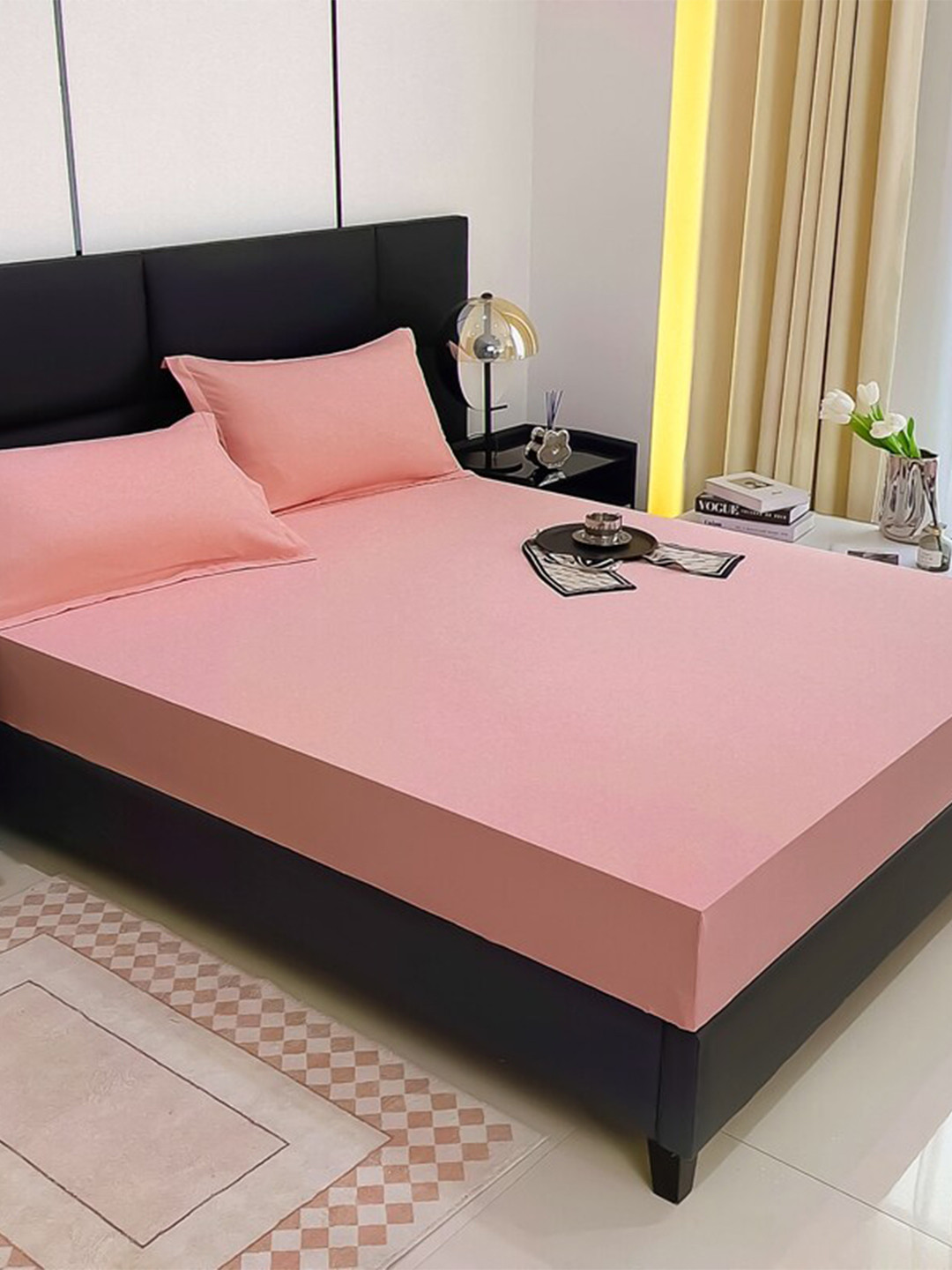 JC HOME Pink Solid Polycotton 150 TC Fitted Queen Bedsheet with 2 Pillow Covers-150 x 200 cm