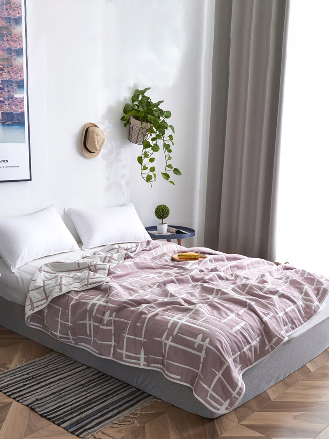 JC HOME Pink  White Checked Cotton AC Room Double Queen Bed Quilt