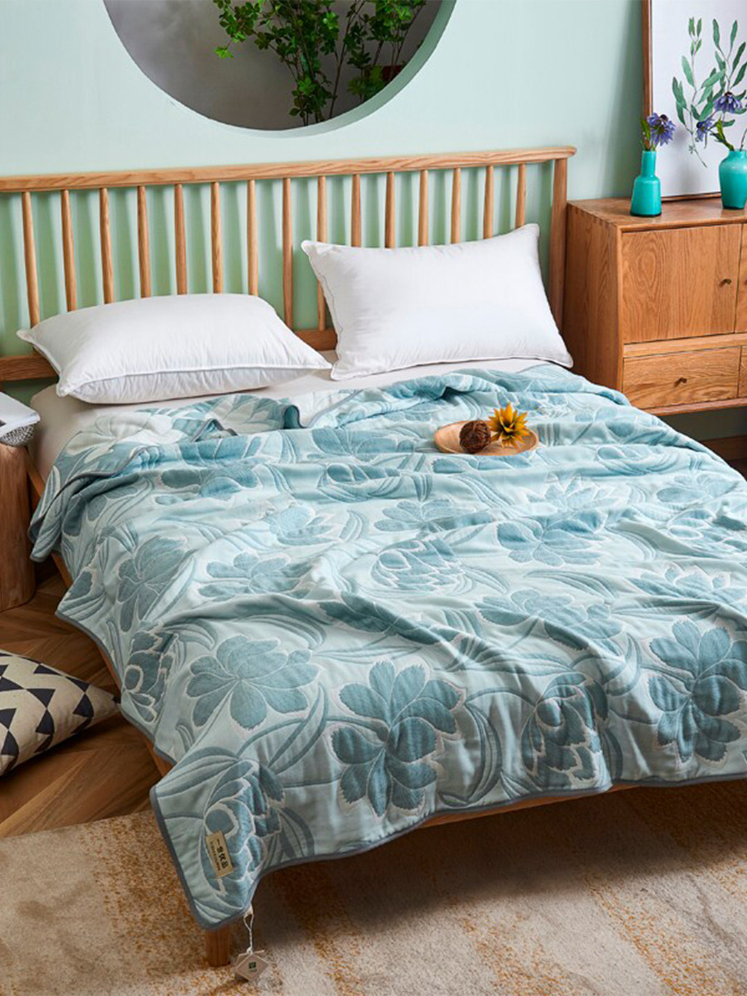 JC HOME Blue Floral AC Room Double Queen Bed Quilt