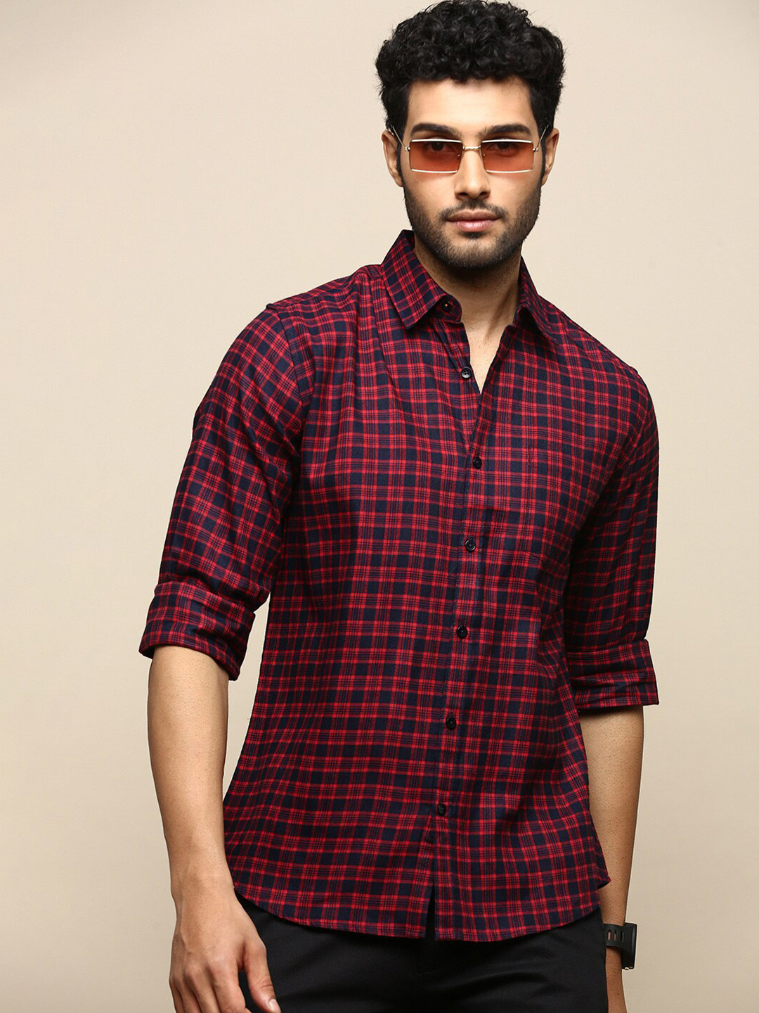 INVICTUS Sport Slim Fit Grid Tattersall Checked Twill Weave Cotton Casual Shirt