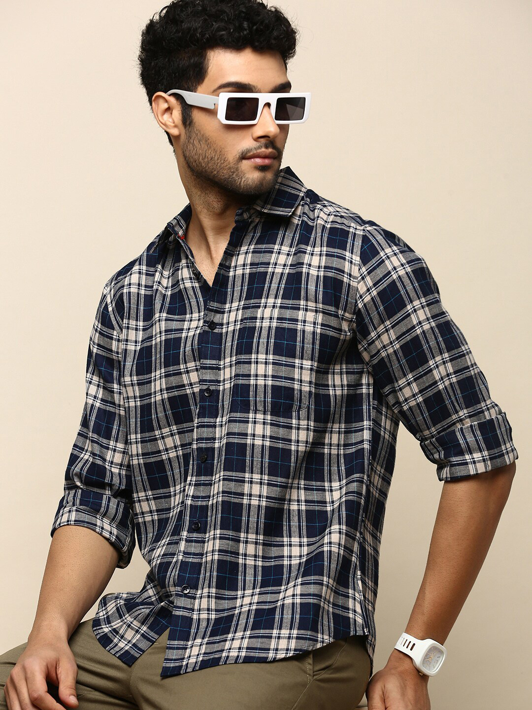 INVICTUS Sport Slim Fit Tartan Checked Twill Weave Cotton Casual Shirt