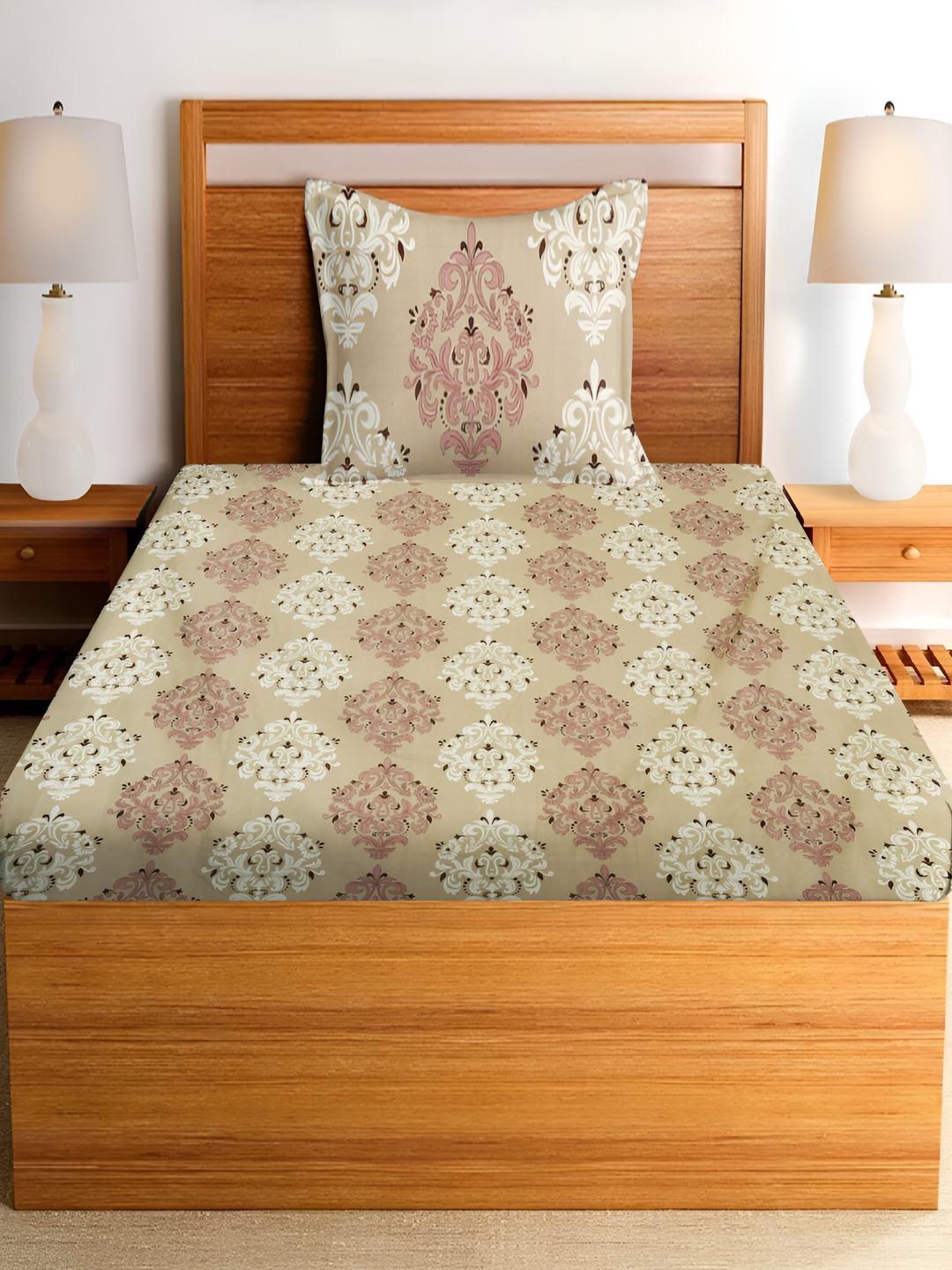 RRC Rrc Signature Collection Brown Ethnic Motifs Microfiber 144 TC Single Fine Bedsheet with a Pillow Cover-152 x 228 cm