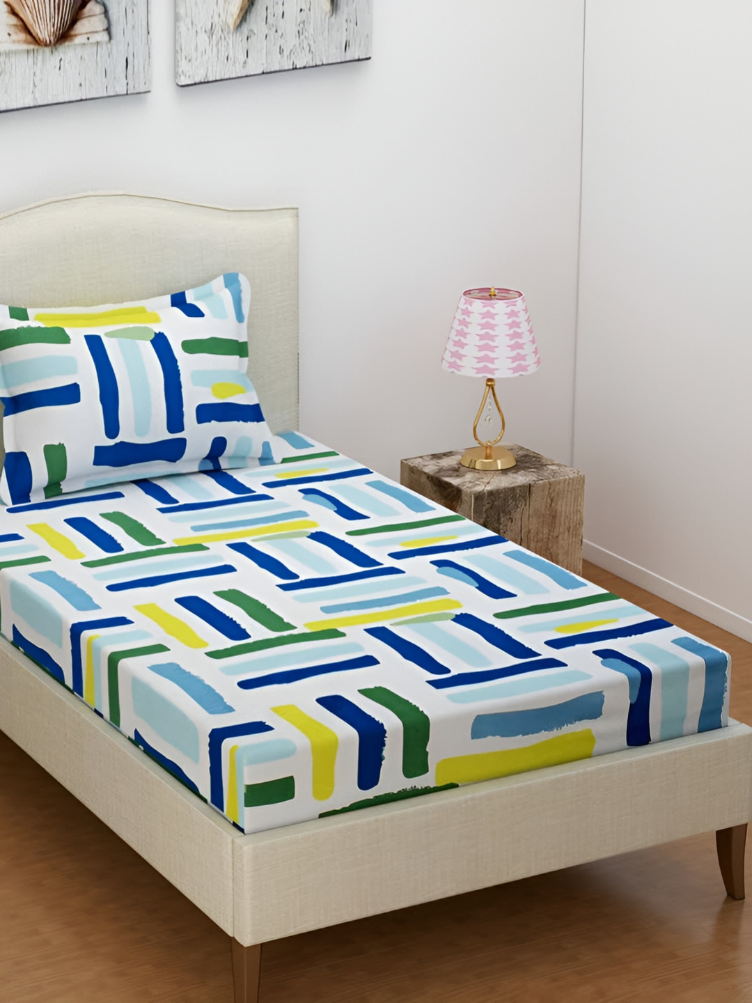 RRC Rrc Signature Collection White Geometric Microfiber 144 TC Single Fine Bedsheet with a Pillow Cover-60 x 90 inches