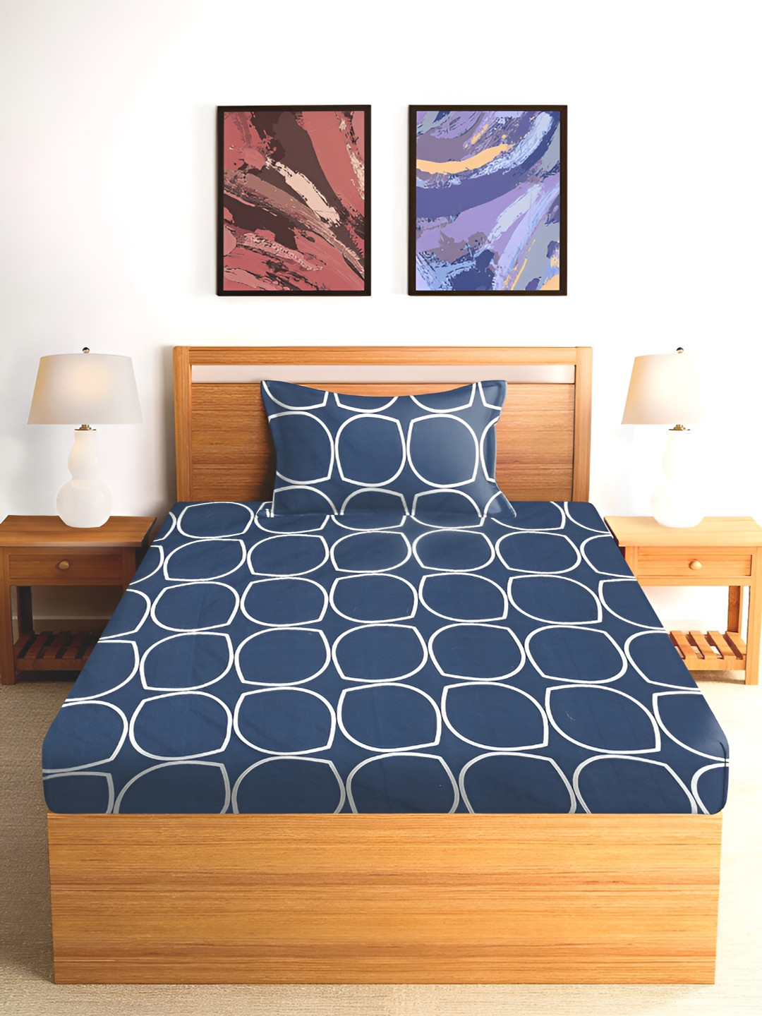 RRC Rrc Signature Collection Blue Geometric Microfiber 144 TC Fitted Single Fine Bedsheet with a Pillow Cover-60 x 90 inches