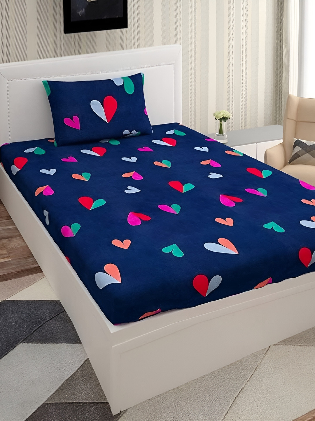 RRC Red Conversational Microfiber 144 TC Single Bedsheet with a Pillow Cover-60 x 90 inches