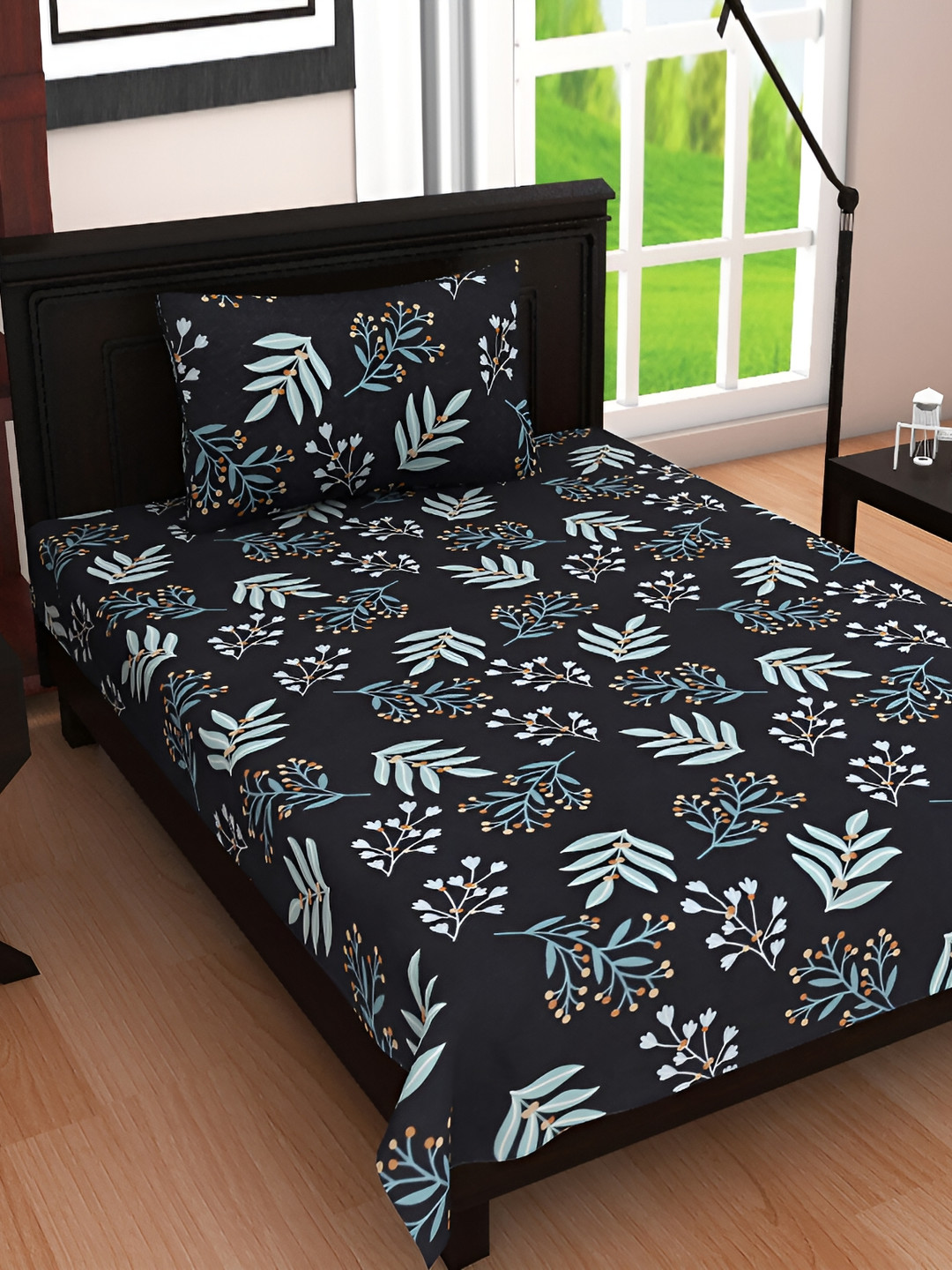 RRC Rrc Signature Collection Navy Blue Floral Microfiber 144 TC Single Fine Bedsheet with a Pillow Cover-60 x 90 inches