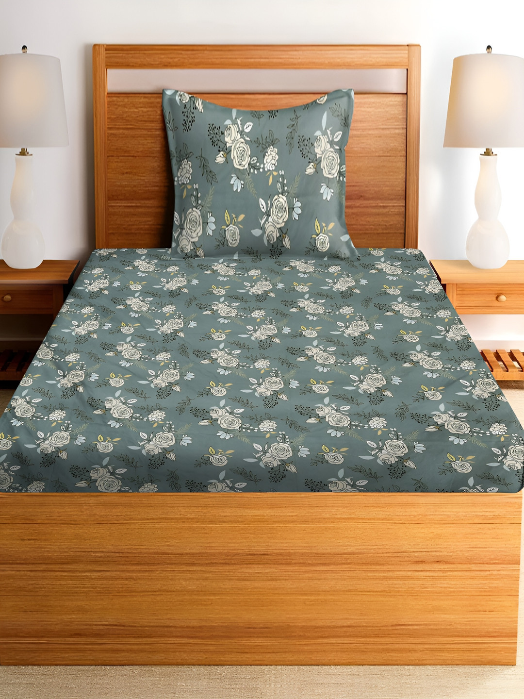 RRC Signature Collection Green Floral Microfiber 144 TC Fitted Single Fine Bedsheet with a Pillow Cover-60 x 90 inches