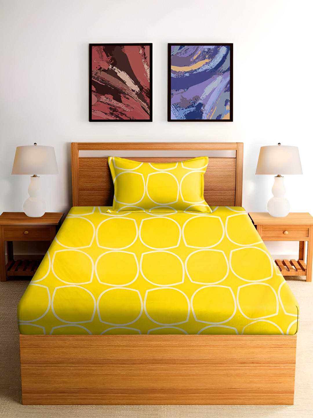 RRC Signature Collection Yellow Geometric Microfiber 144 TC Single Fine Bedsheet with a Pillow Cover-60 x 90 inches