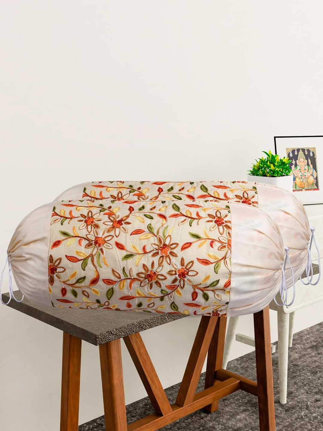 Kuber Industries 2 Pieces Cream & Orange Embroidered Bolster Covers