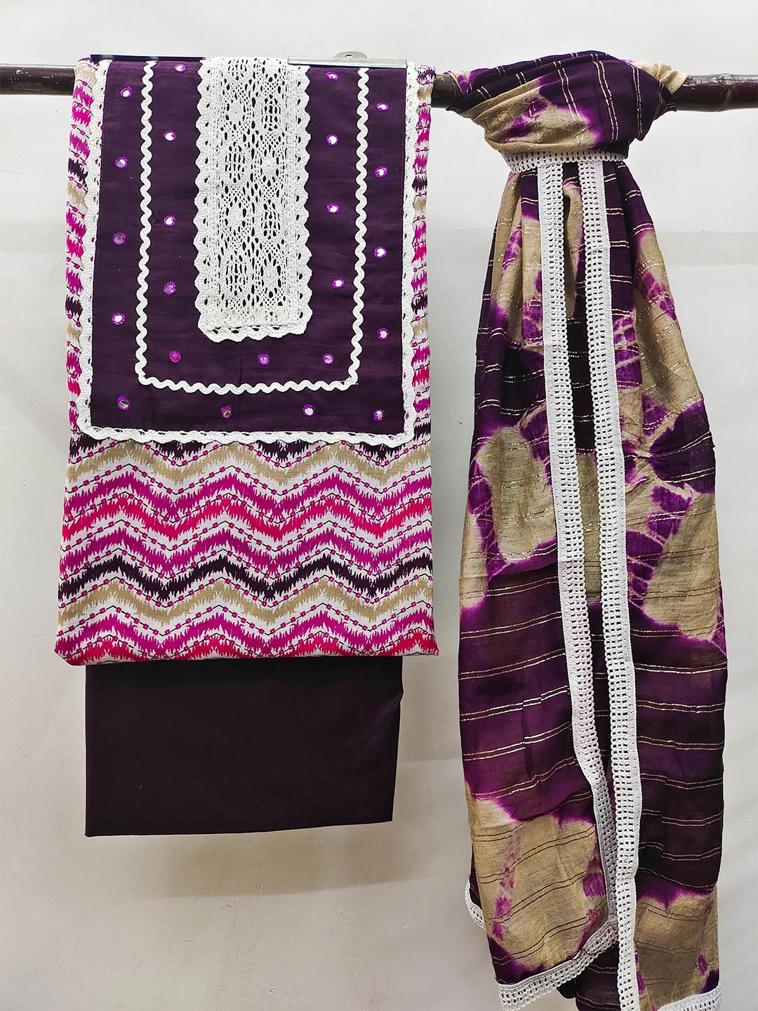MANVAA Chevron Printed Mirror Work Pure Cotton Unstitched Dress Material