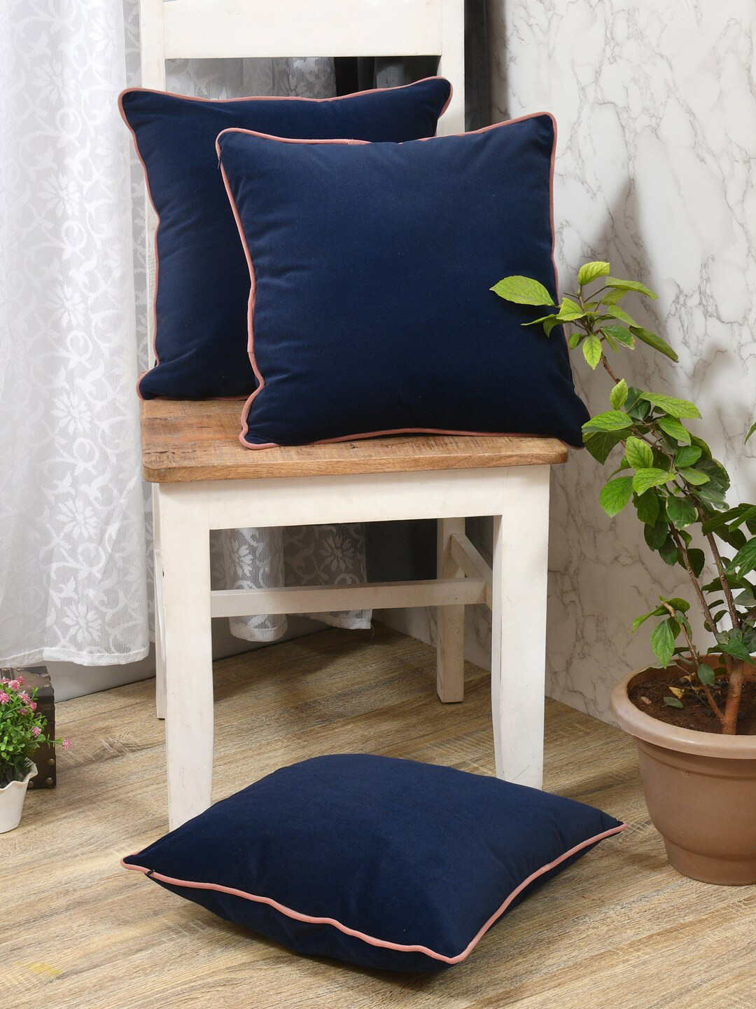 Clasiko Blue Velvet Washable 3 Piece Square Cushion Covers - 18 x 18 Inches